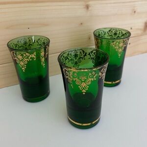 Vintage Emerald Green Gold Accent Shot Glasses Mid Century Barware Retro